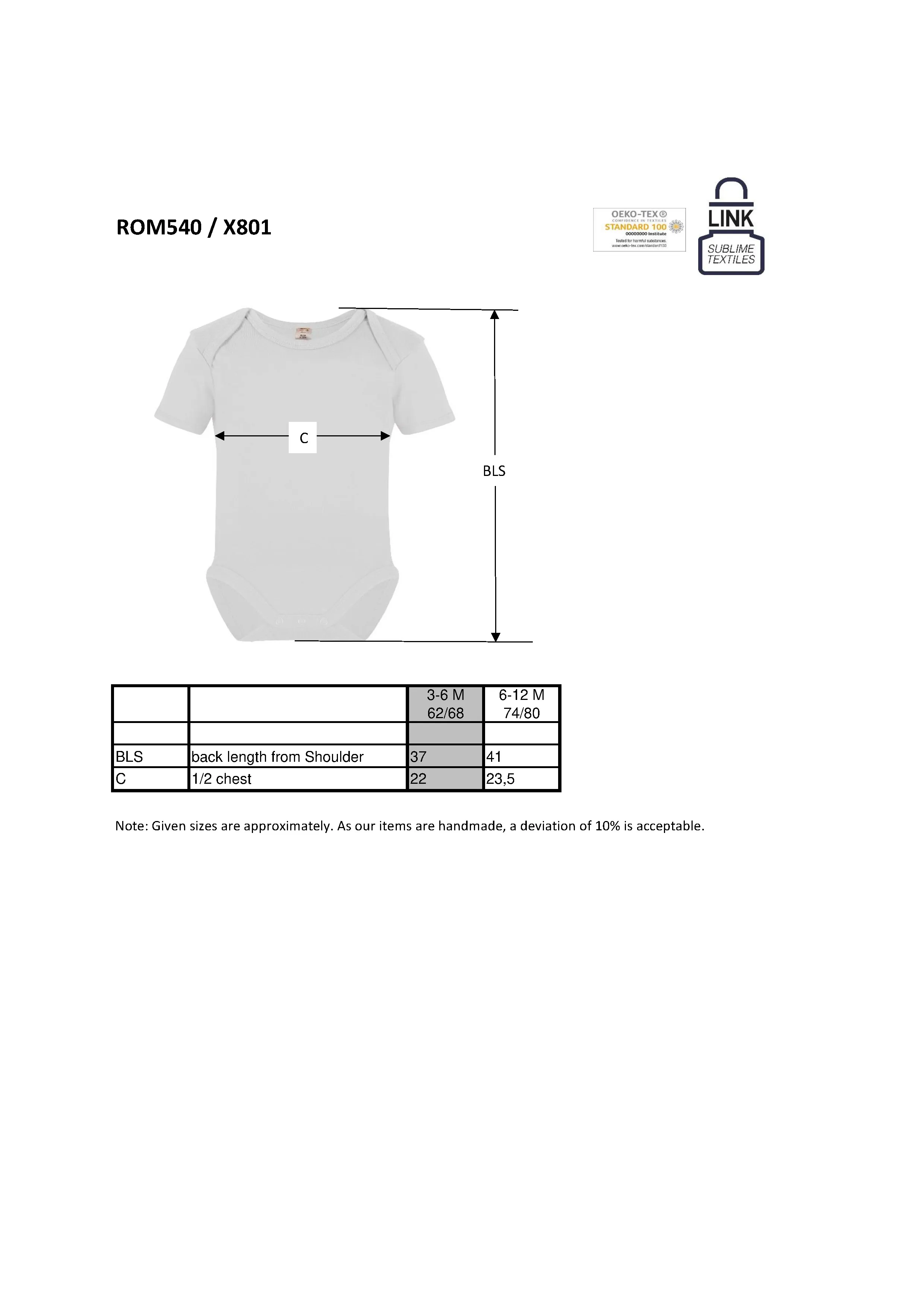 Größentabelle für Short Sleeve Baby Bodysuit Polyester – X801
