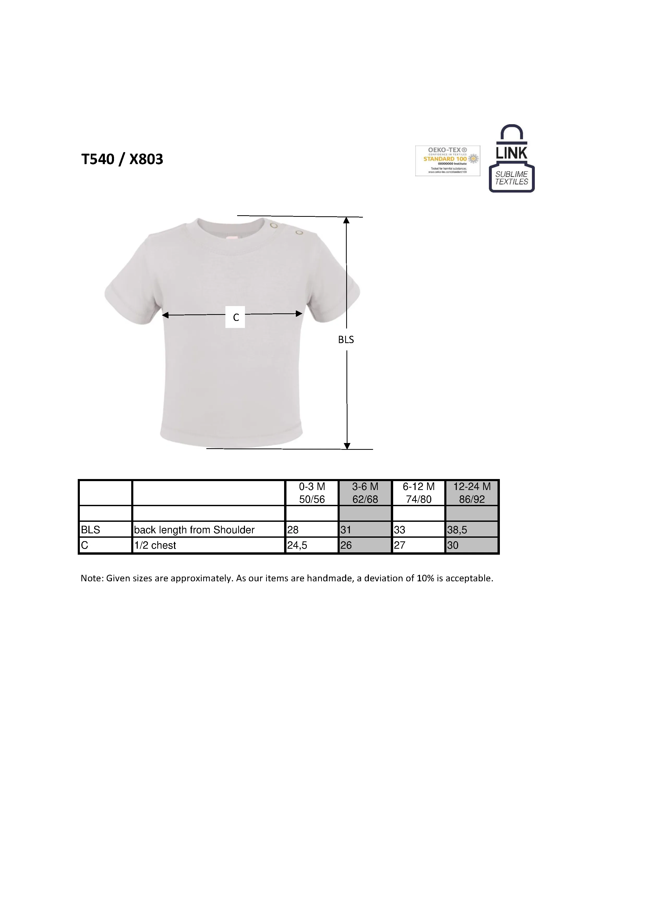 Größentabelle für Short Sleeve Baby T-Shirt Polyester – X803