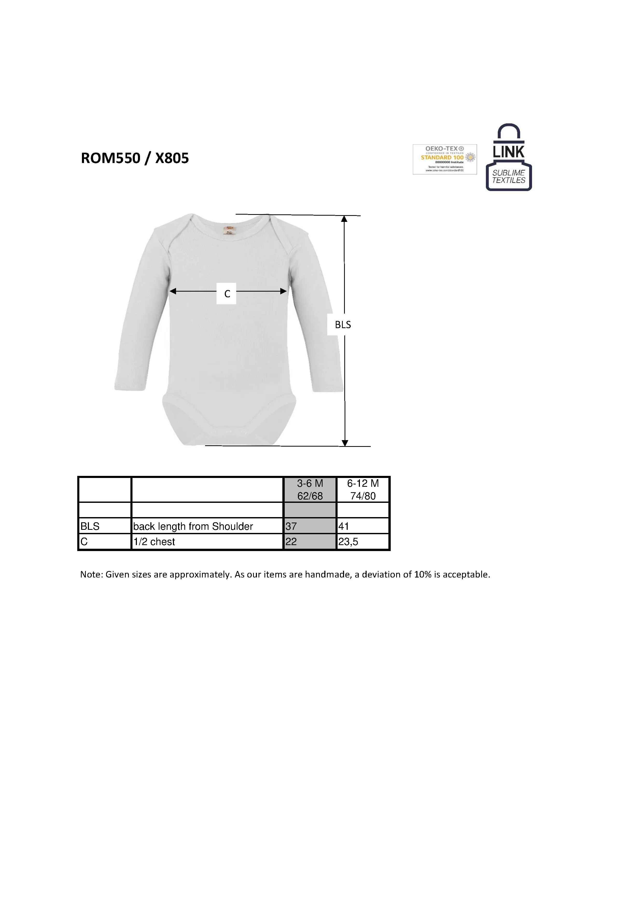 Größentabelle für Long Sleeve Baby Bodysuit Polyester – X805