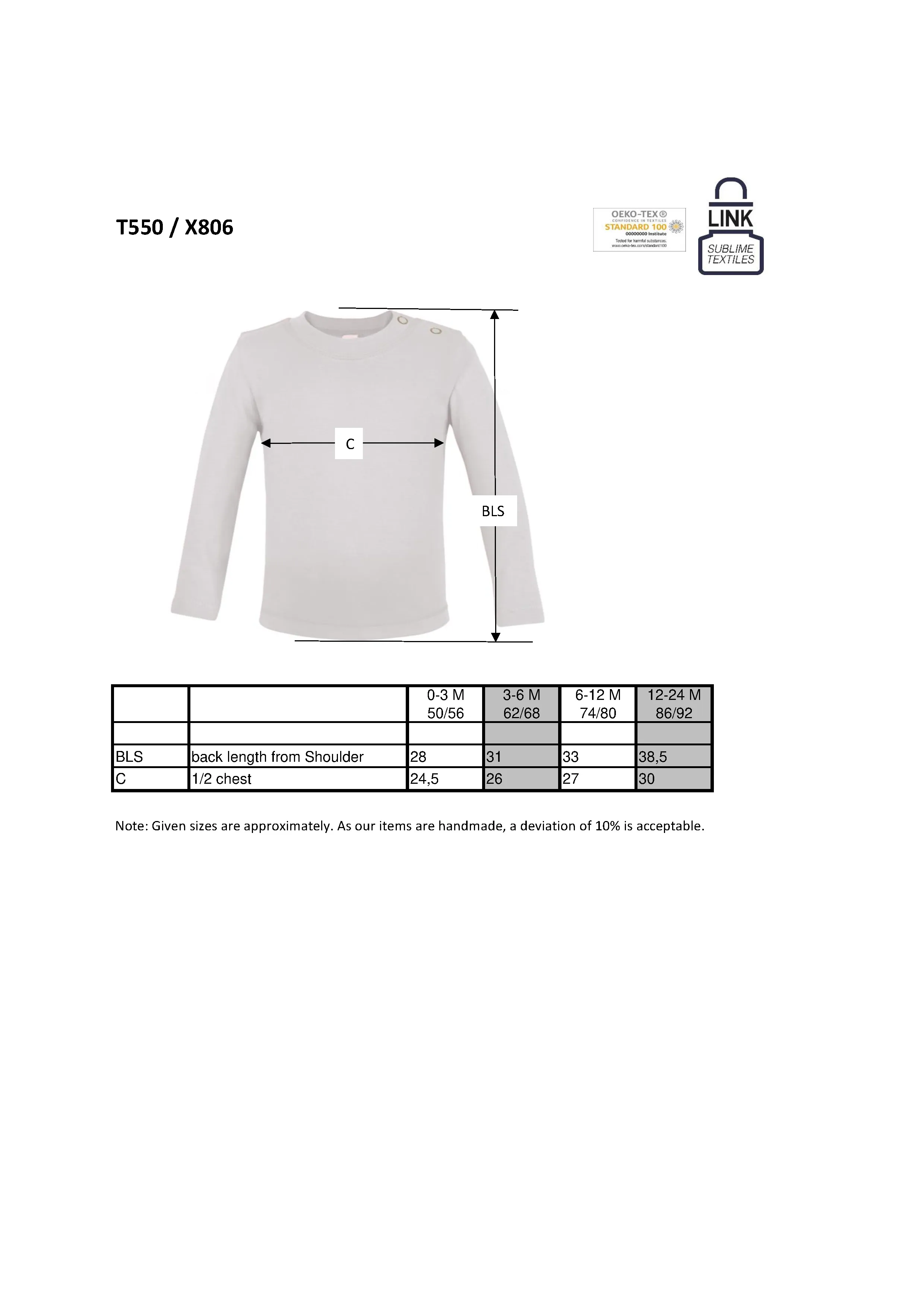 Größentabelle für Long Sleeve Baby T-Shirt Polyester – X806