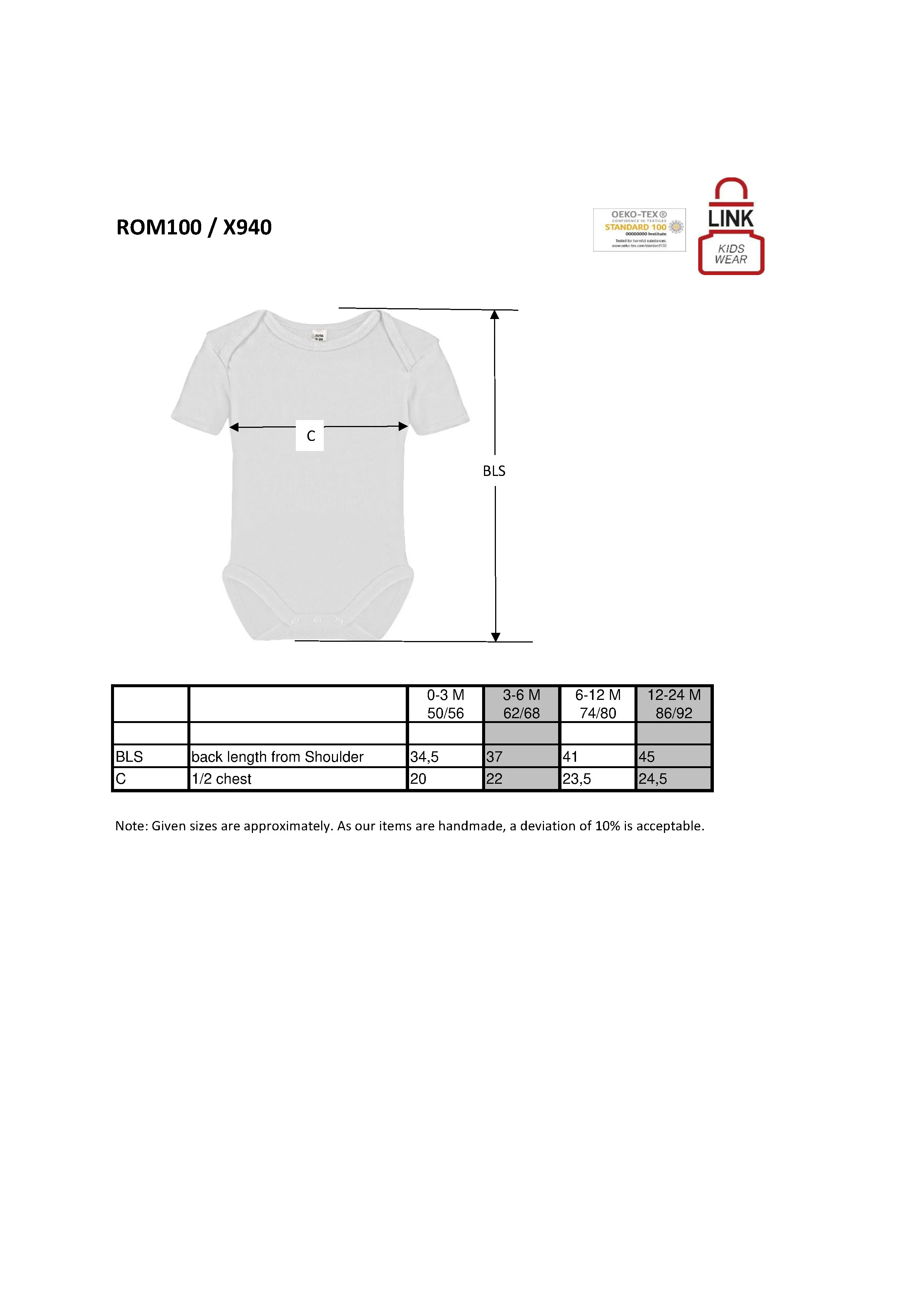 Größentabelle für Short Sleeve Baby Bodysuit – X940