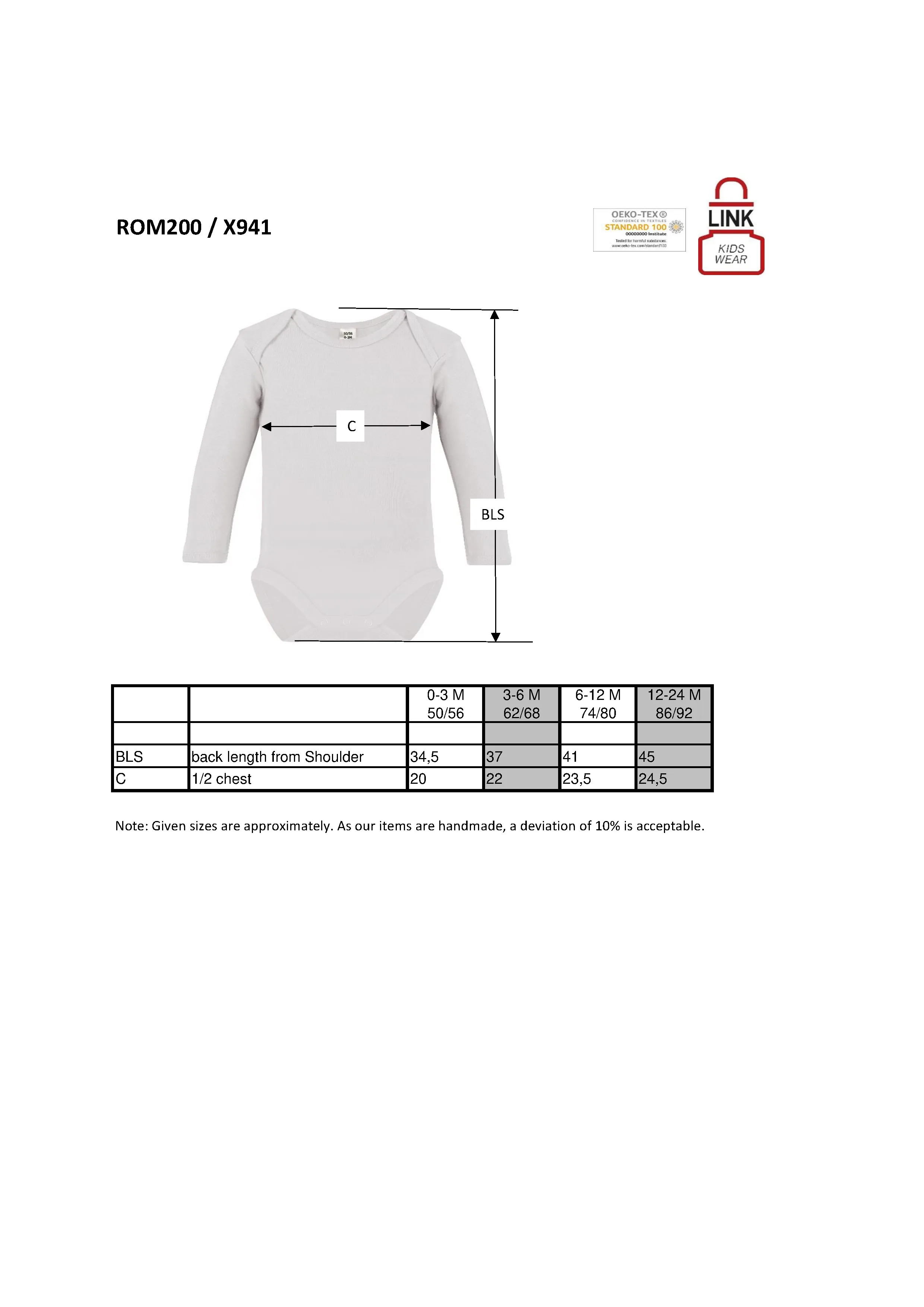 Größentabelle für Long Sleeve Baby Bodysuit – X941