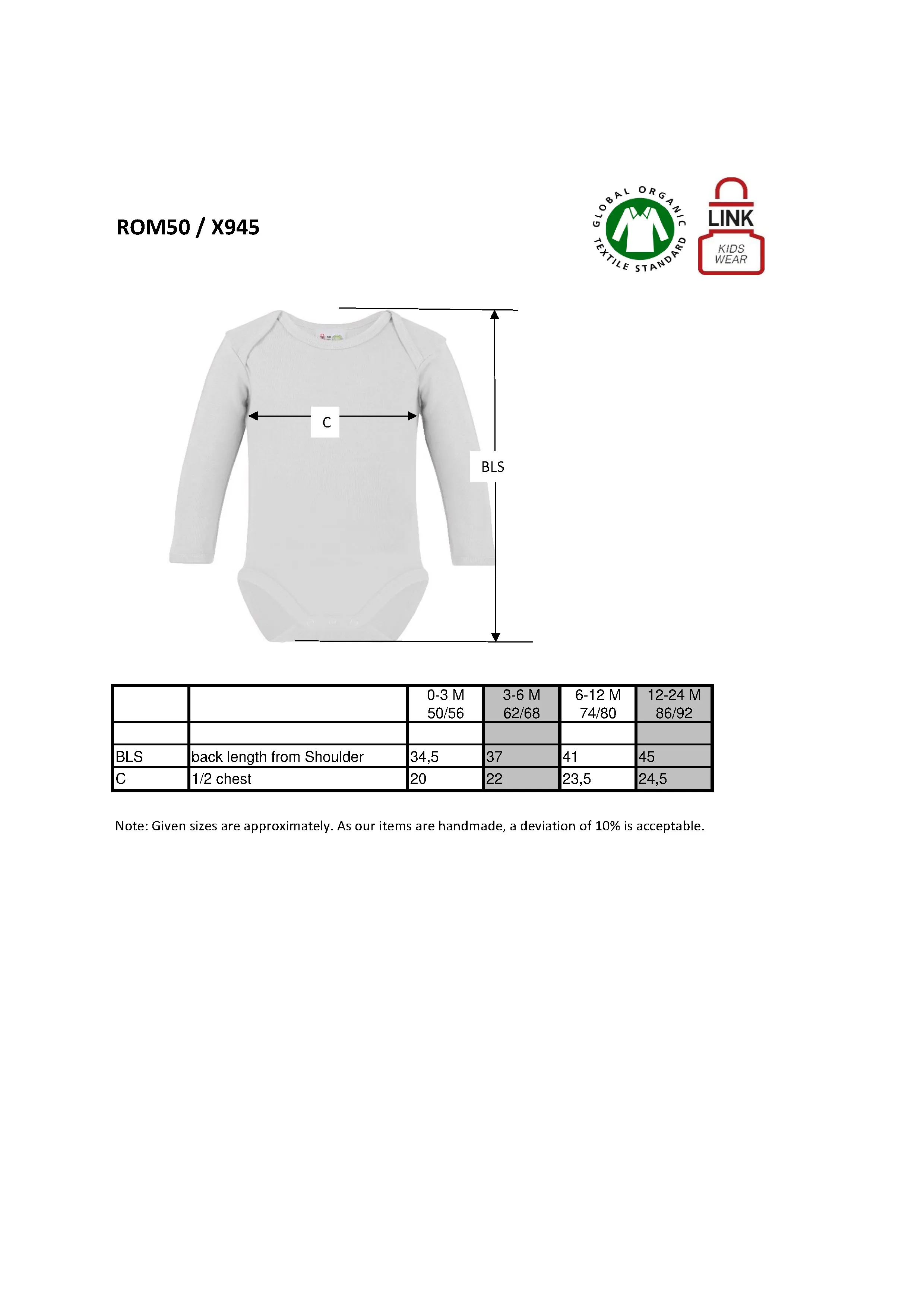 Größentabelle für Bio Bodysuit Long Sleeve – X945