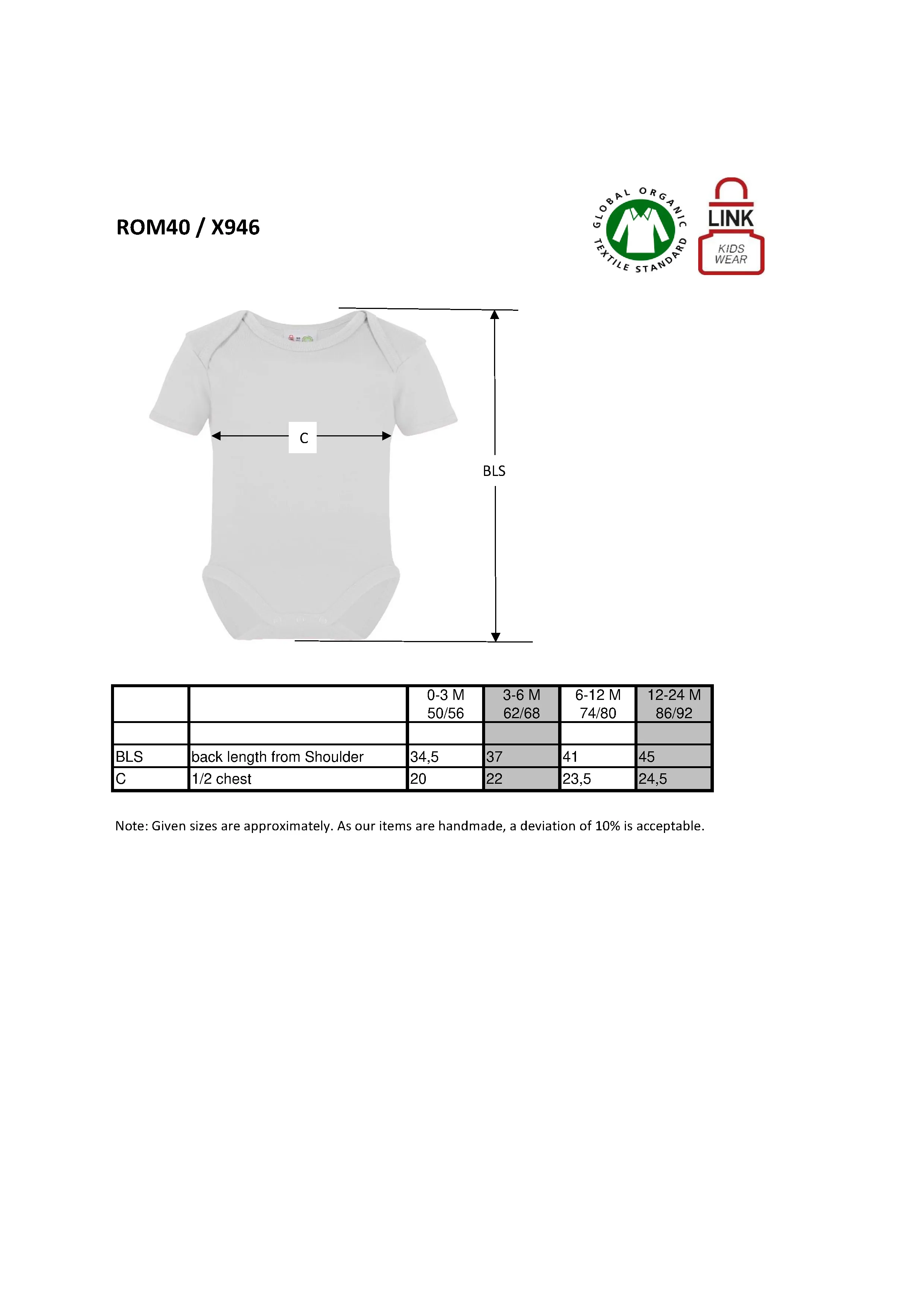 Größentabelle für Bio Bodysuit Short Sleeve – X946