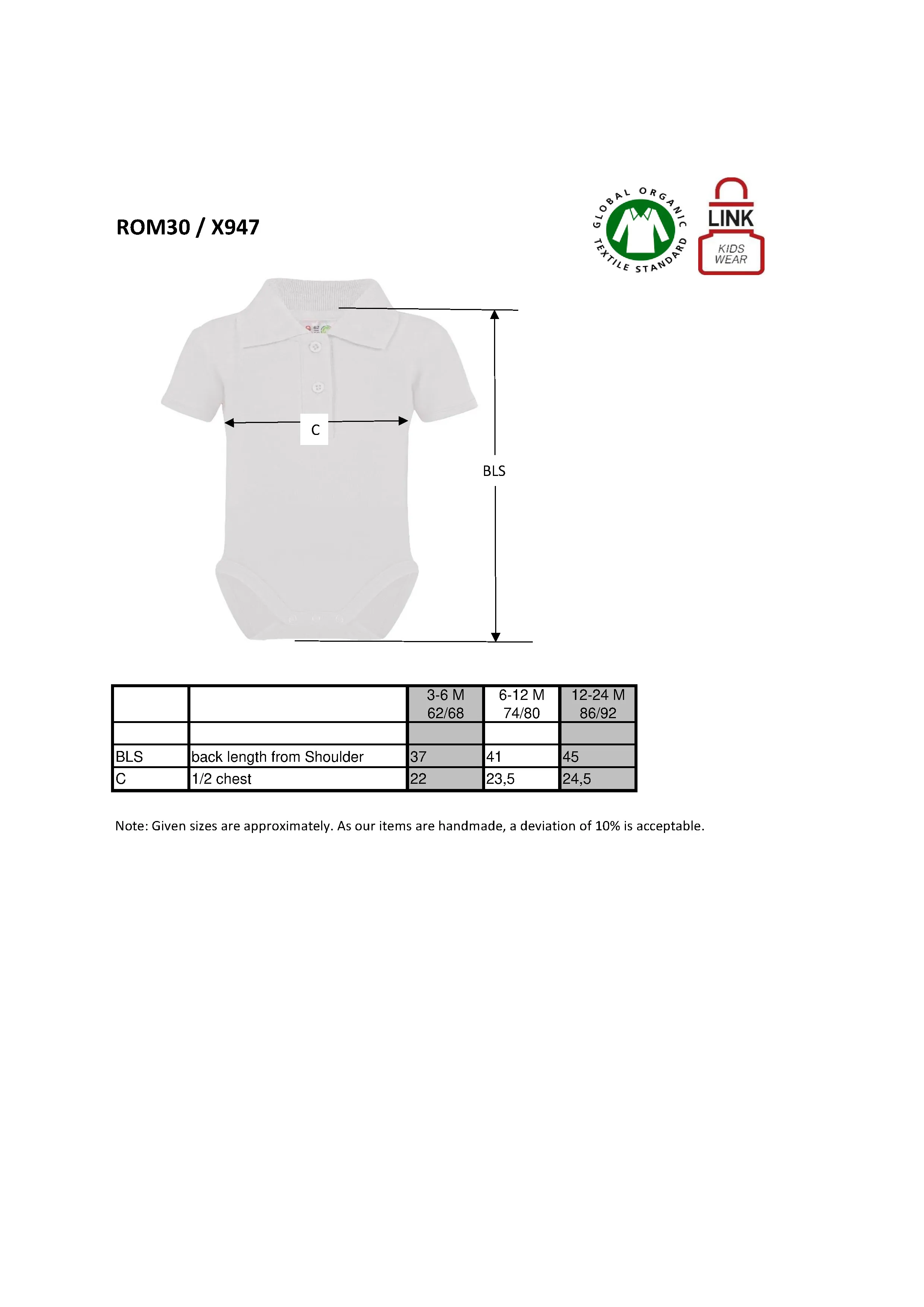 Größentabelle für Bio Bodysuit With Polo Shirt Neck – X947