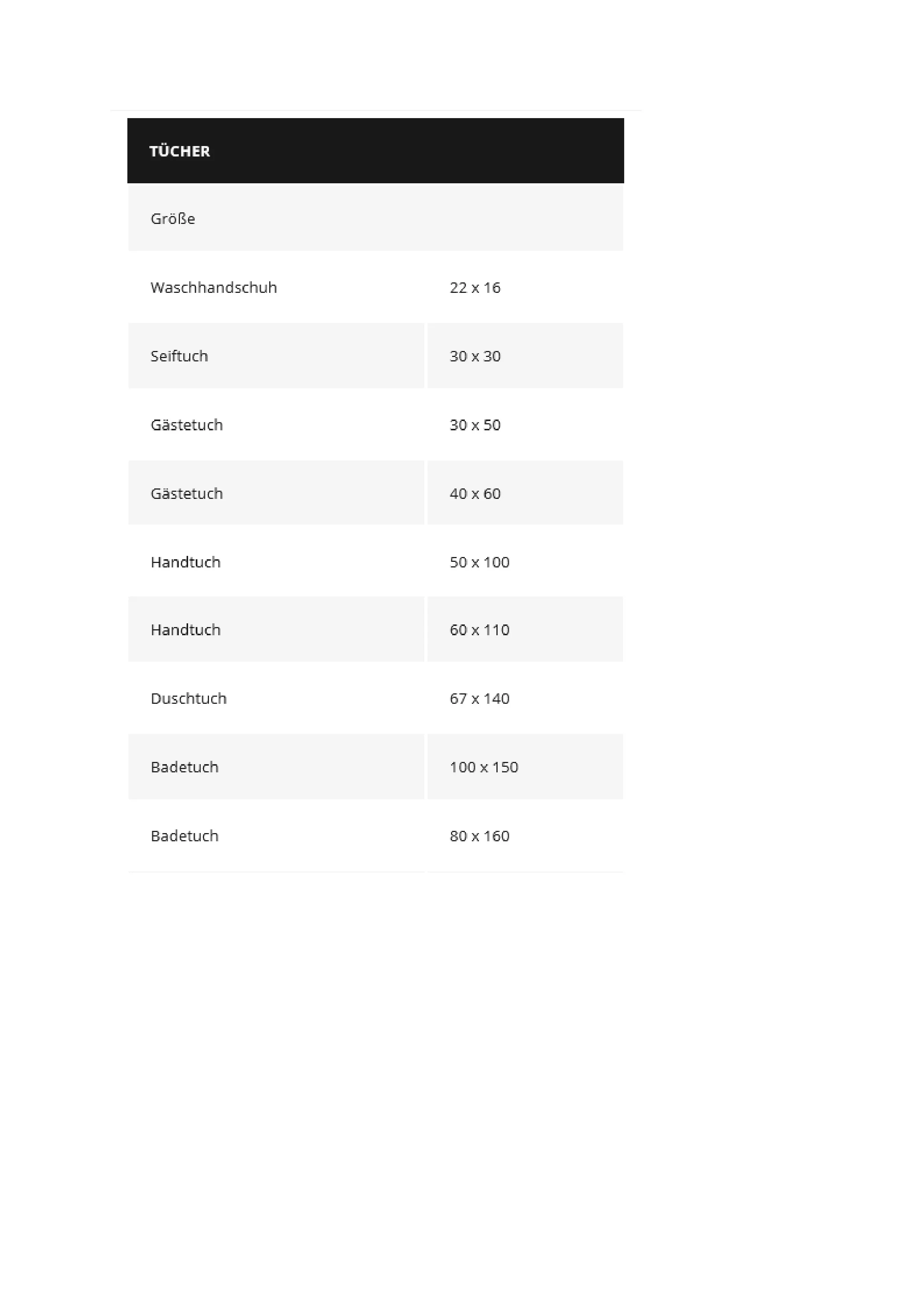 Größentabelle für Premium Hotel Saunatuch – XF9024BT